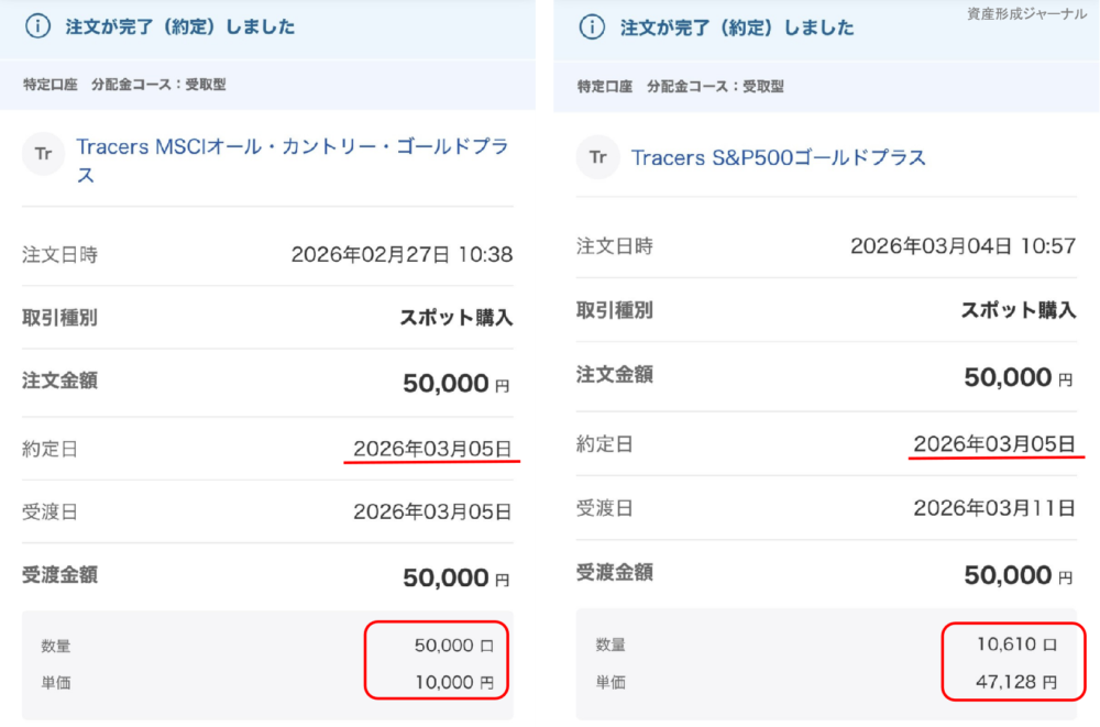 ゴルカンとゴルプラ、2026年3月5日実際の約定完了履歴画面